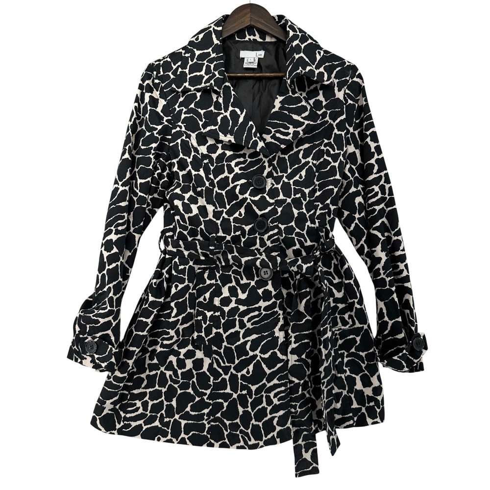 Lull Womens Black White Giraffe Animal Print Belted Trench Coat Jacket L Mobwife